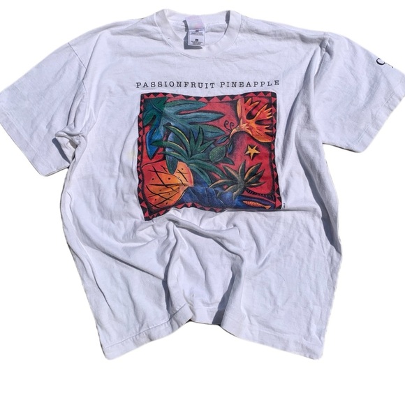 💚 Vintage 90s Fruit of the Loom White Tropical Short Sleeve Size XL Distressed - Picture 1 of 10